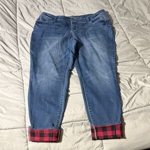 Maurices Blue Skinny Jeans with Red Plaid Cuffs